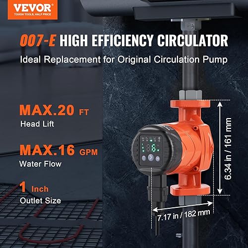 Miniatura 2 de VEVOR 007E-2F2 Bomba de recirculación de agua caliente, 110 V, 42 W 16 GPM, bomba circuladora de alta eficiencia EMC, bomba de circulación