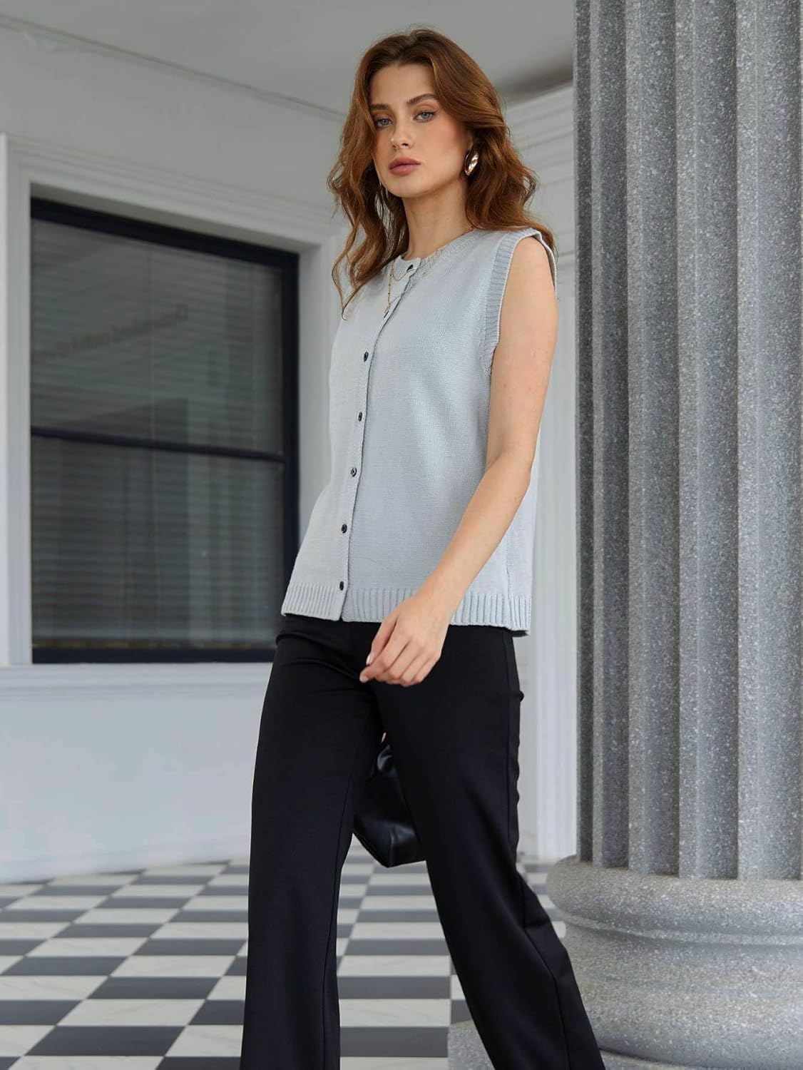 Milumia Women's Round Neck Button Up Sweater Vet Sleeveless Basic Knit Tops - Image 3