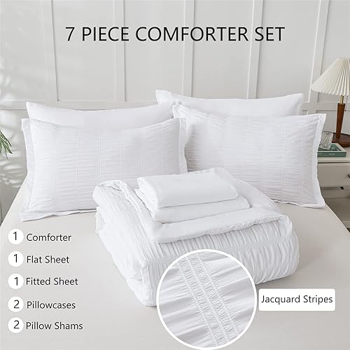 Miniatura 2 de KAKIJUMN Juego de edredón blanco tamaño King, 7 piezas de edredón y sábanas de sirsaca de sirsaca para todas las estaciones (blanco, King)