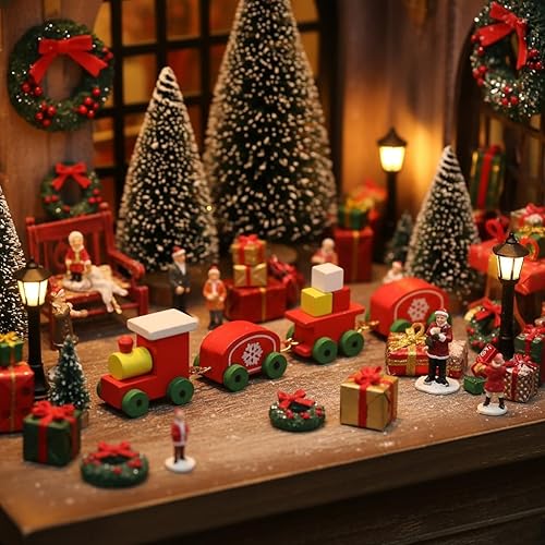 Miniatura 2 de Juego de decoración de tren de madera para casa de muñecas Mini tren de madera rojo para decoración del hogar de fiesta de Navidad