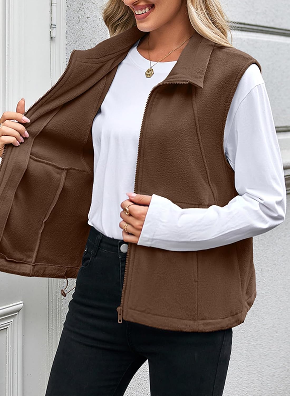 Dokotoo Women's Full Zip Polar Fleece Vest Warm Winter Sleeveless Cardigan Lapel Collar Sherpa Coat Outerwear with Pocket - Image 5