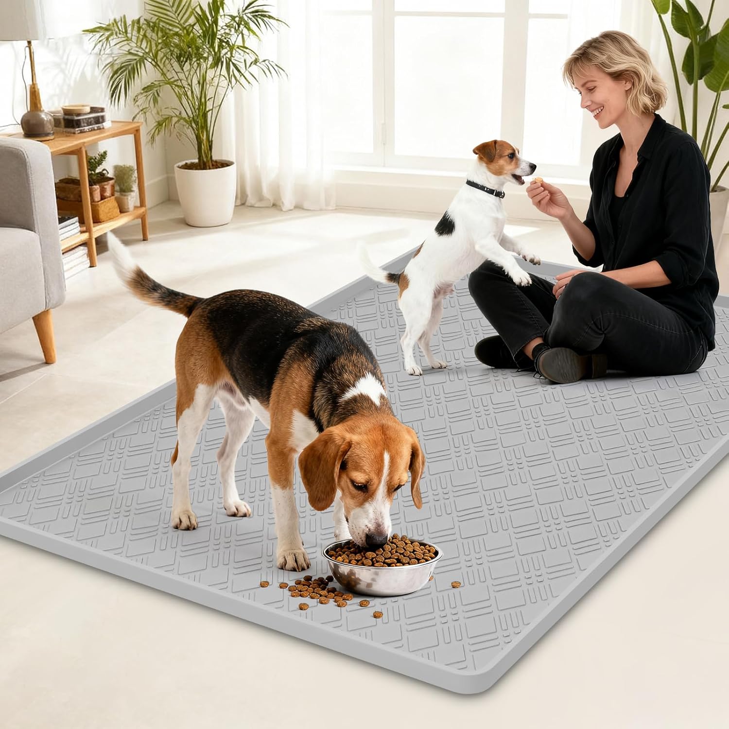 Lanstics ドッグフードマット、106.7 cm x 73.7 cm L シリコンマット 犬用給餌マット 盛り上がったエッジ付