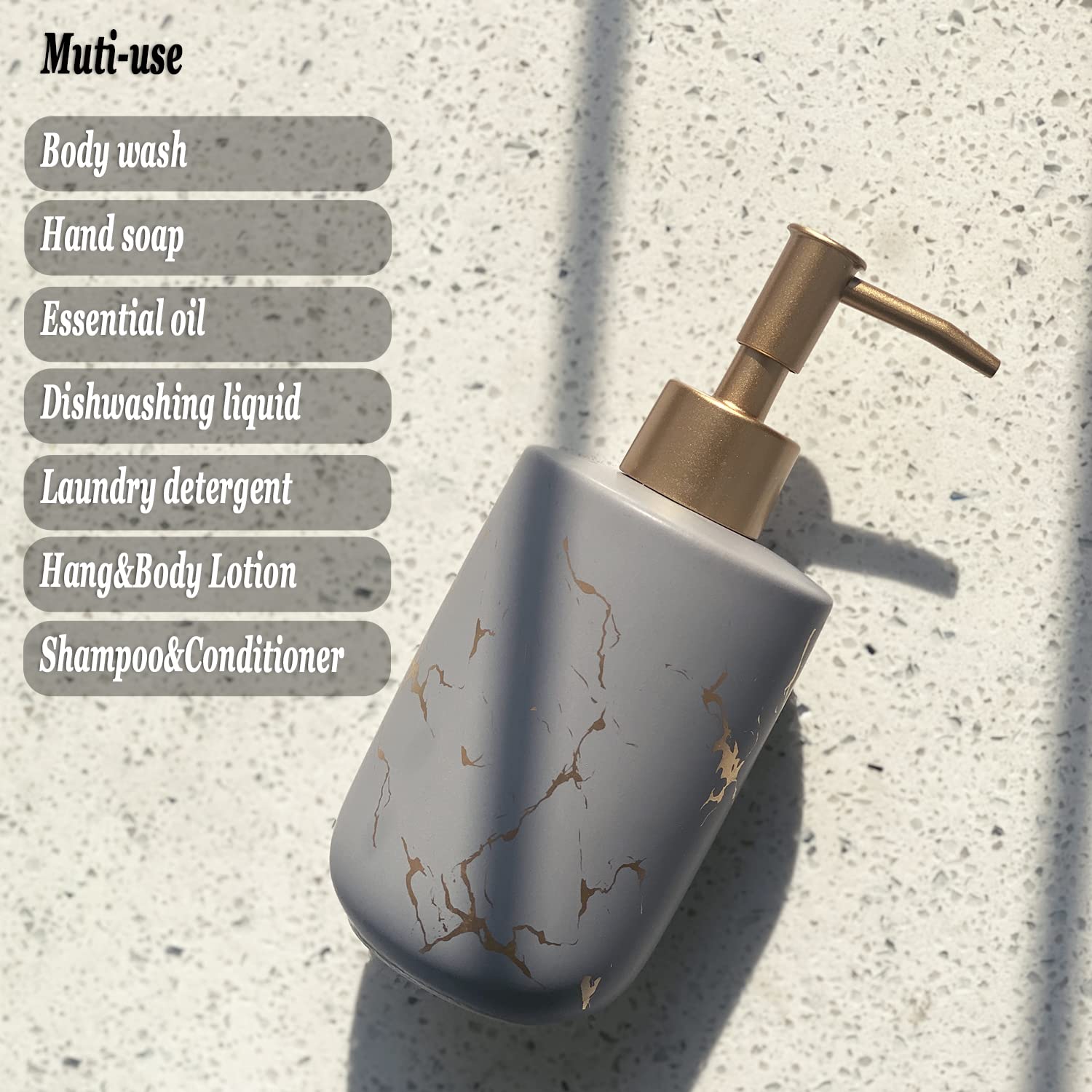 Dispenser di sapone in ceramica dorata con motivo marmorizzato, per bagno e cucina, bottiglia con erogatore manuale per liquido (grigio)