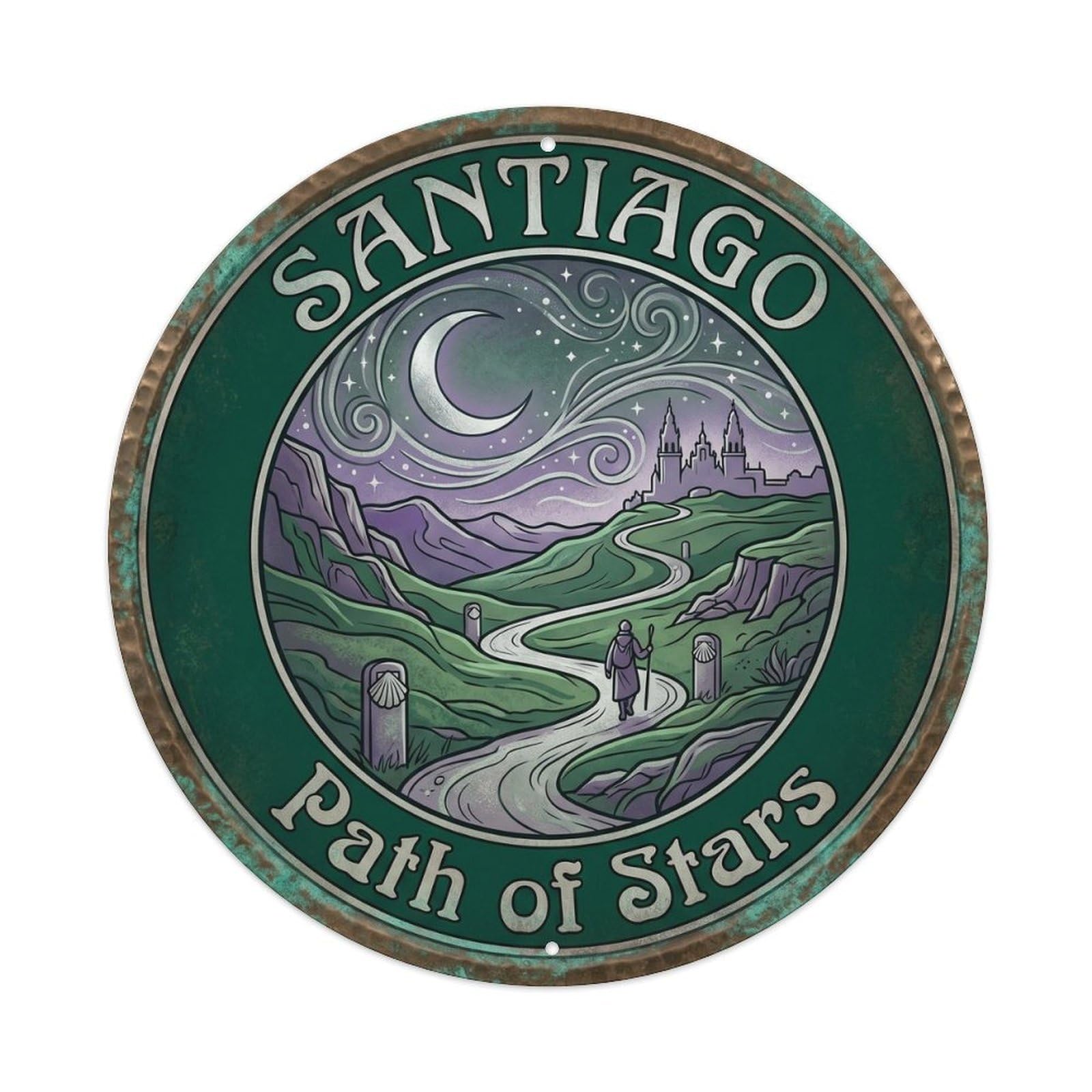 Vintage Travel Santiago Camino Pilgrimage Metal Tin Sign Plaque Wall Decor for Cafe, Club, Garden Round Metal Poster 8x8Inch