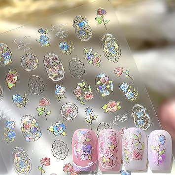 Dream Flower Window Aurora Shell Light Rose Nail Stickers for Women Gold Lines Frame Roses Flower Stickers for Nails Design Retro Laser Red Blue Floral Nail Decals Nails Supplies Manicure Accessories