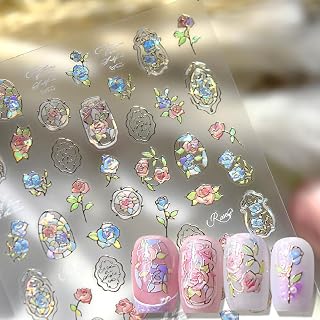 Dream Flower Window Aurora Shell Light Rose Nail Stickers for Women Gold Lines Frame Roses Flower Stickers for Nails Design Retro Laser Red Blue Floral Nail Decals Nails Supplies Manicure Accessories