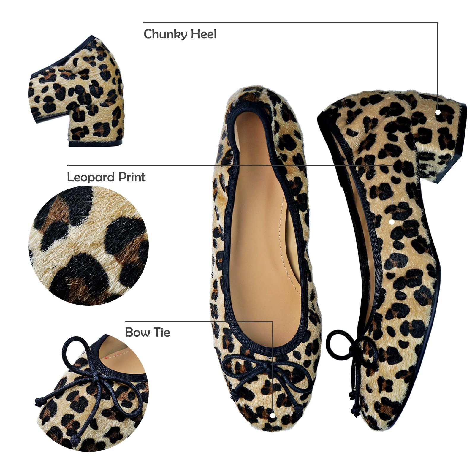 POYOIOR Women’s Ballet Shoes Leopard Round Toe Mary Jane Shoes Women Animal Print Wide Width Chunky Heel Ballerina Shoes with Bow Tie Leopard Size 9