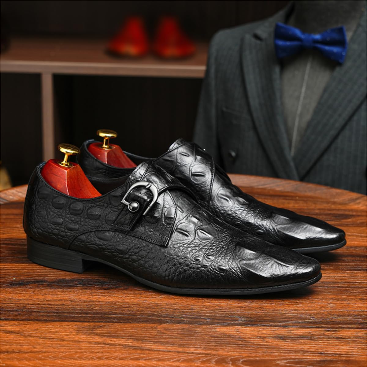 Mocassini Formali Affari da Uomo Scarpe Monk Rilievo a Punta in Vera Pelle Scarpe da Abito Slip On con Fibbia