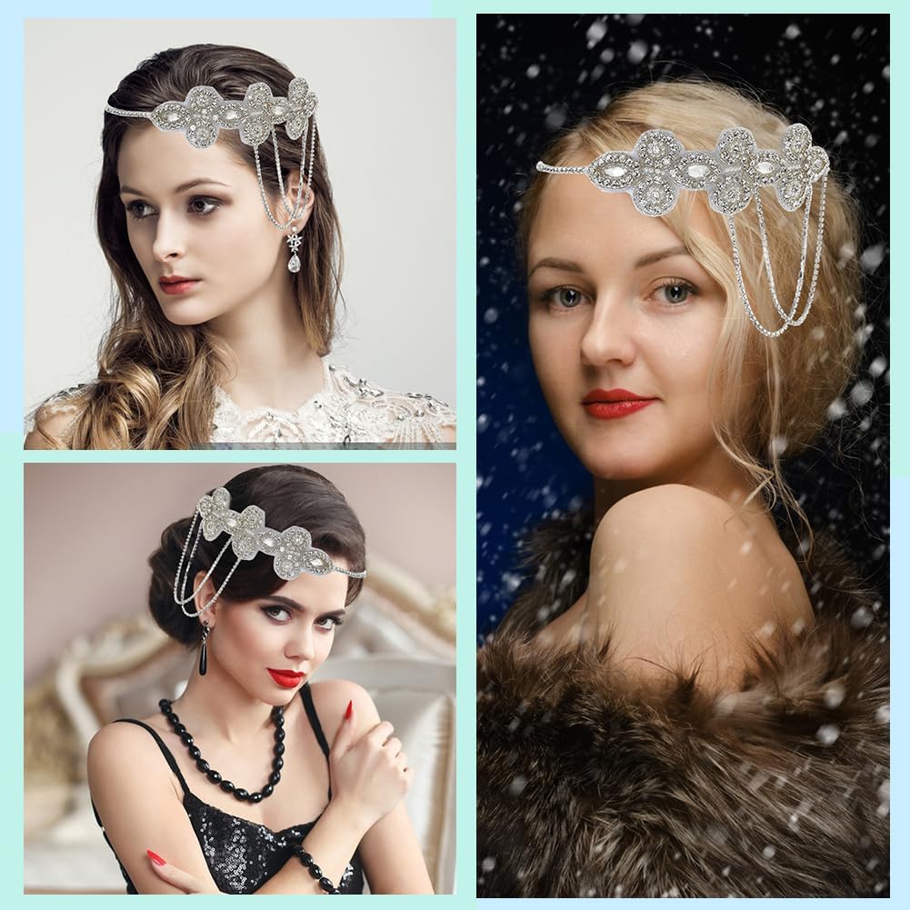 1Pc Silver Flapper Headband 1920s Crystal Great Gatsby Headpiece Rhinestone Pearl Flower Tassel Chain Vintage Hair Accessories for Women Evening Dresses Bridal Wedding Party Accessories - Image 4