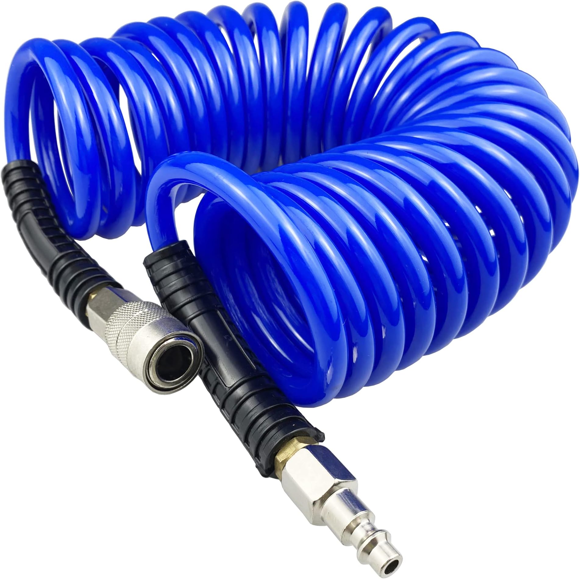 Darnassus Polyurethane Recoil Air Hose, 1/4" Inner Diameter,20 Feet Blue with Bend Restrictor and Industrial Quick Coupler and Plug