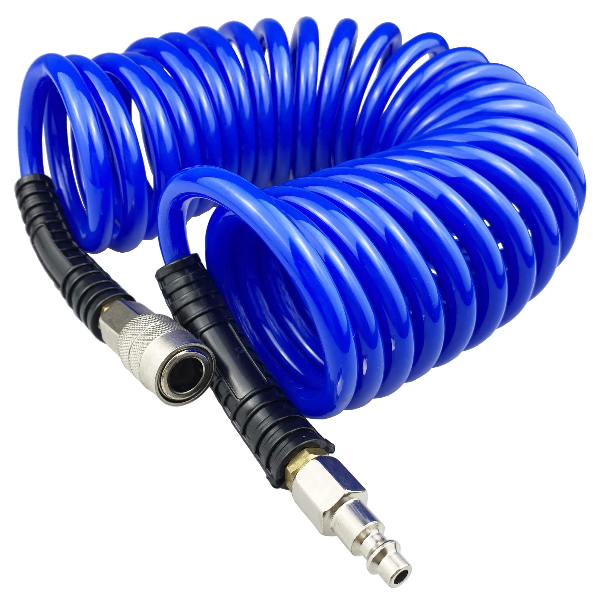Darnassus Polyurethane Recoil Air Hose, 1/4" Inner Diameter,20 Feet Blue with Bend Restrictor and Industrial Quick Coupler and Plug