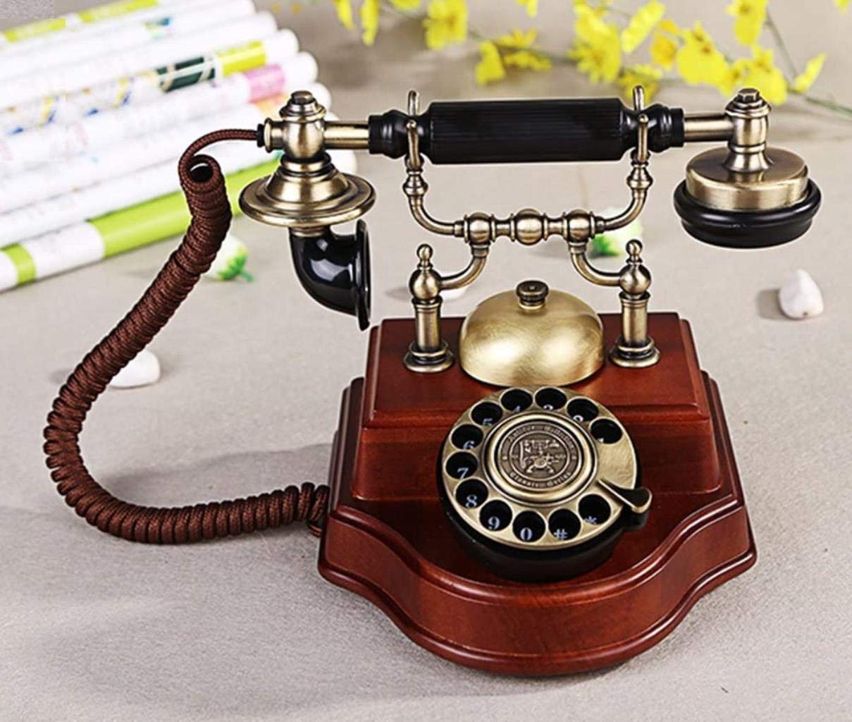 Zabytkowy telefon Europejski Retro Drewniany Antyczny Vintage Home Office Stały stacjonarny, naciśnij pokrętło