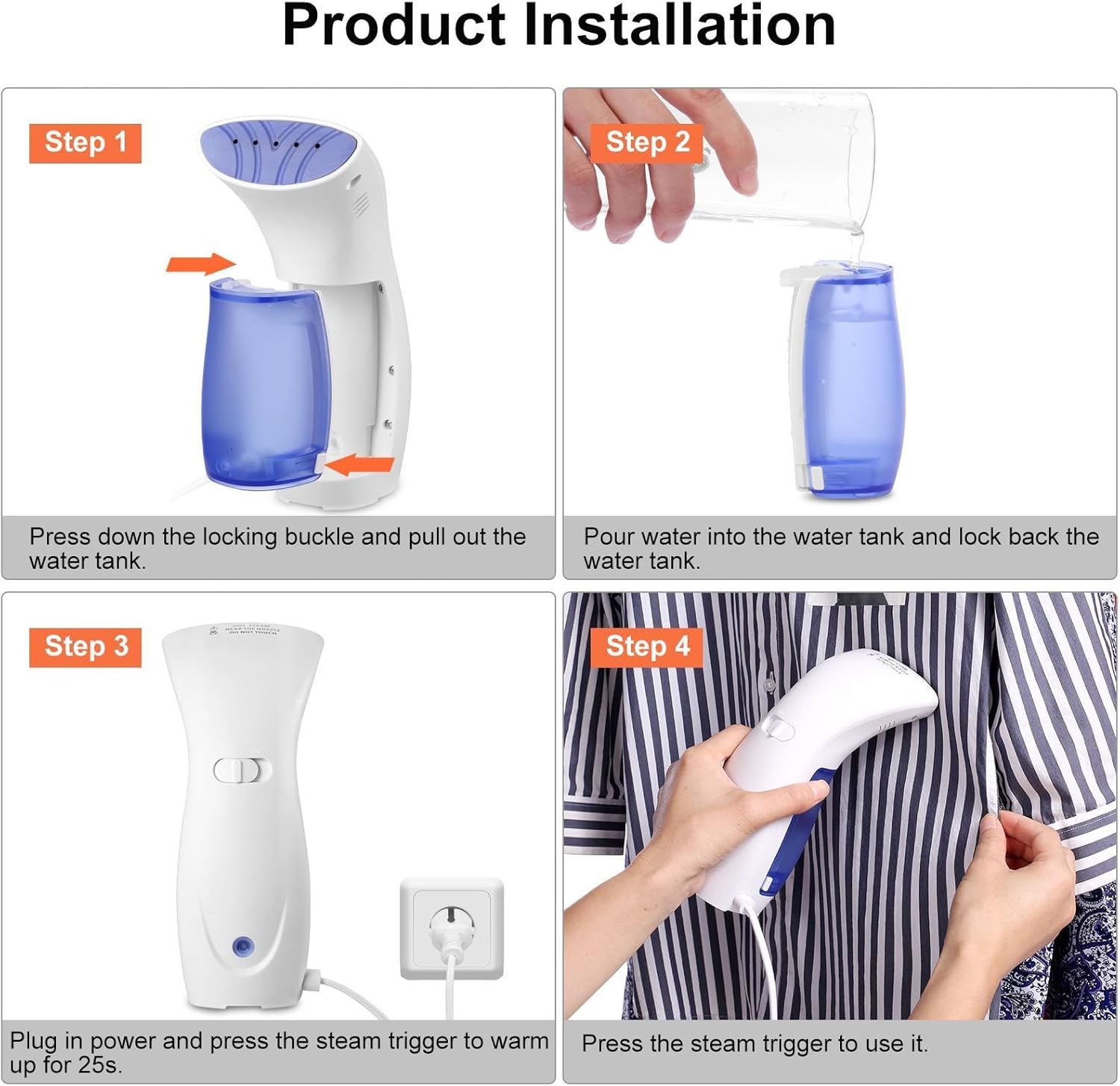 Four-step visual guide for FUMORCLU CS11 steamer setup