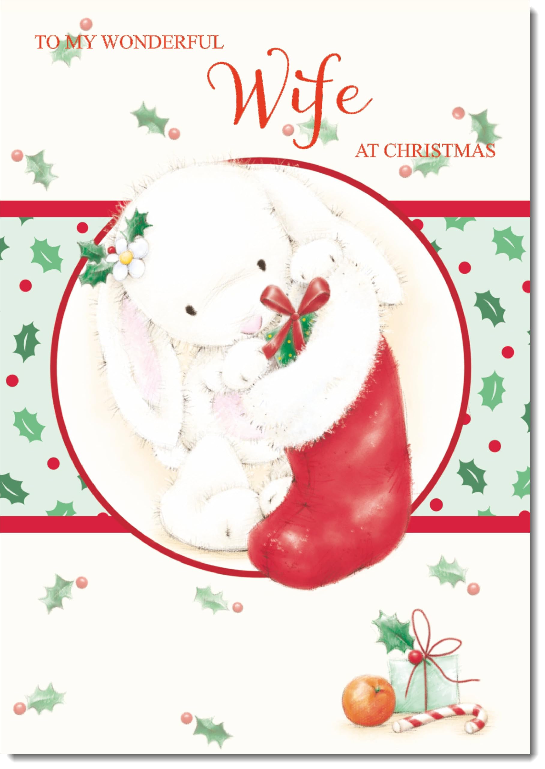 doodlecards Wife Christmas Card Cute Rabbit with Stocking Large A4 Size Christmas Card for Wife with Plain Envelope — image 1
