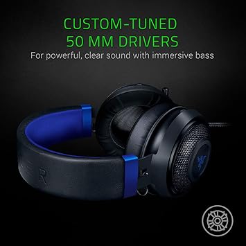 سماعة ألعاب Razer Kraken: إطار ألومنيوم خفيف الوزن - ميكروفون عازل قابل للسحب - للكمبيوتر الشخصي ، PS4 ، PS5 ، Switch ، Xbox One ، Xbox Series X & S, موبايل - 3.5 مم مقبس سماعة - أسود / أزرق