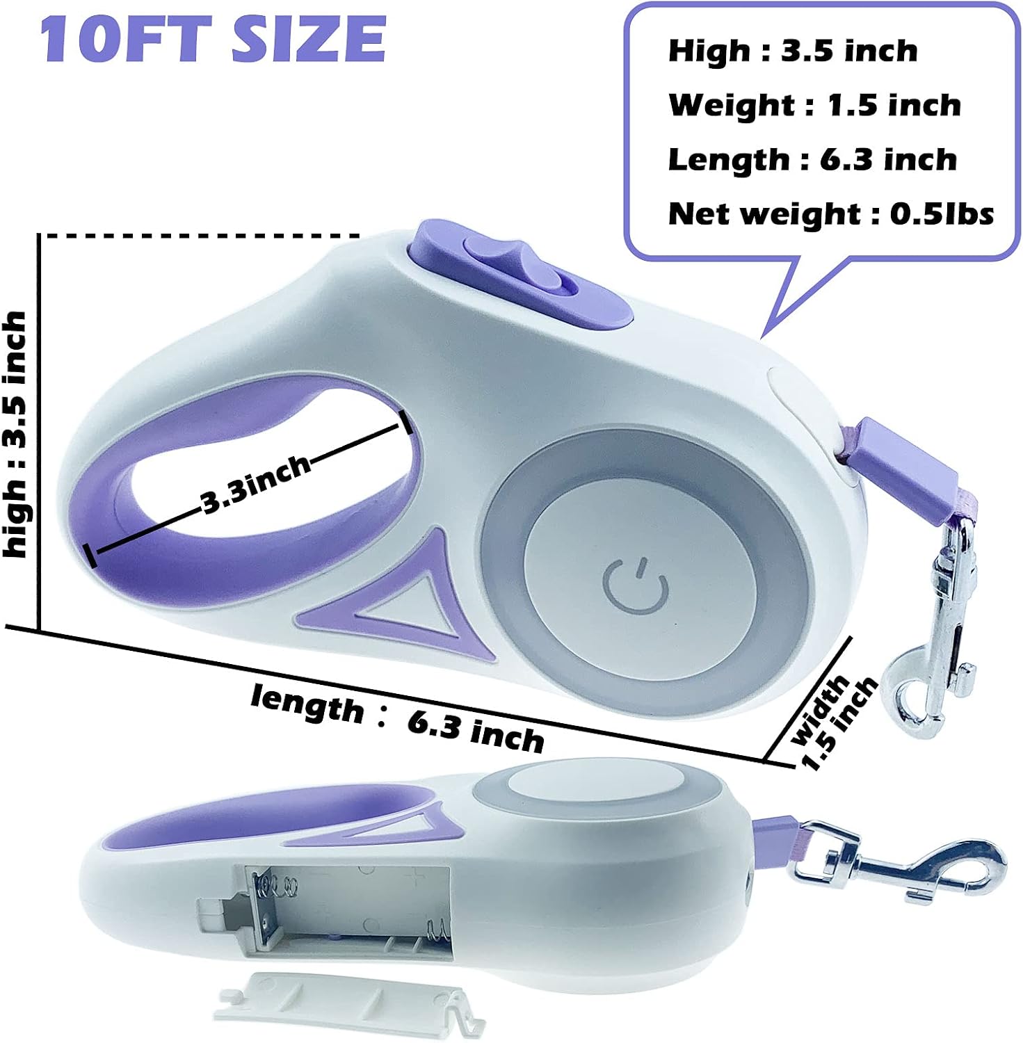 Dog Leash Retractable Dogs Leashes with Led Bright Flashlight Walking Leashes for Puppy Small Medium Dogs Leash One Handed Brake Free Movement One Button Disconnect and Lock(Purple(10FT)
