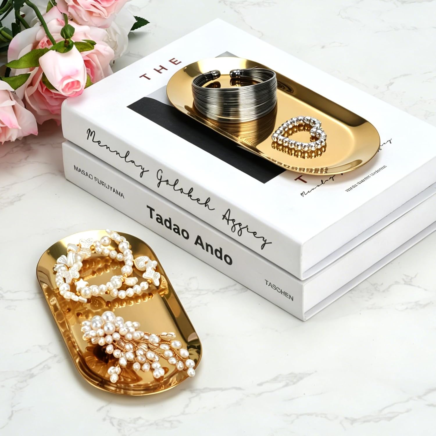 10PCS Stainless Steel Serving Tray Set, 7" Long Oval Plate, Gold