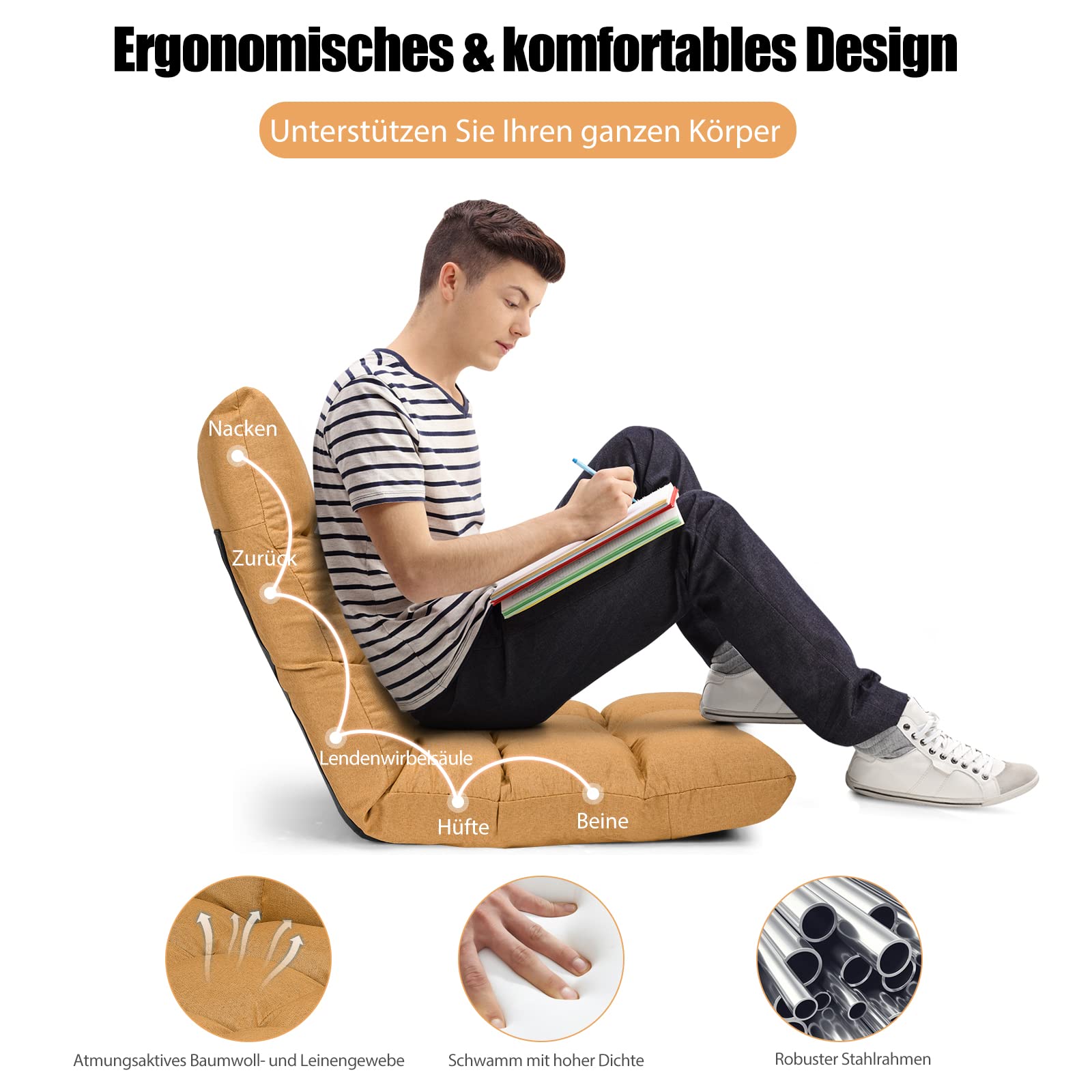 GOPLUS Vloerstoel, vloerbank met verstelbare hoofdsteun en rugleuning, inklapbare vloerstoel met slaapfunctie en ligfunctie, vloerstoel, lazy bank, meditatiestoel voor woonkamer (grijs GOPLUS Vloerstoel, vloerbank met verstelbare hoofdsteun en rugleuning, inklapbare vloerstoel met slaapfunctie en ligfunctie, vloerstoel, lazy bank, meditatiestoel voor woonkamer (grijs