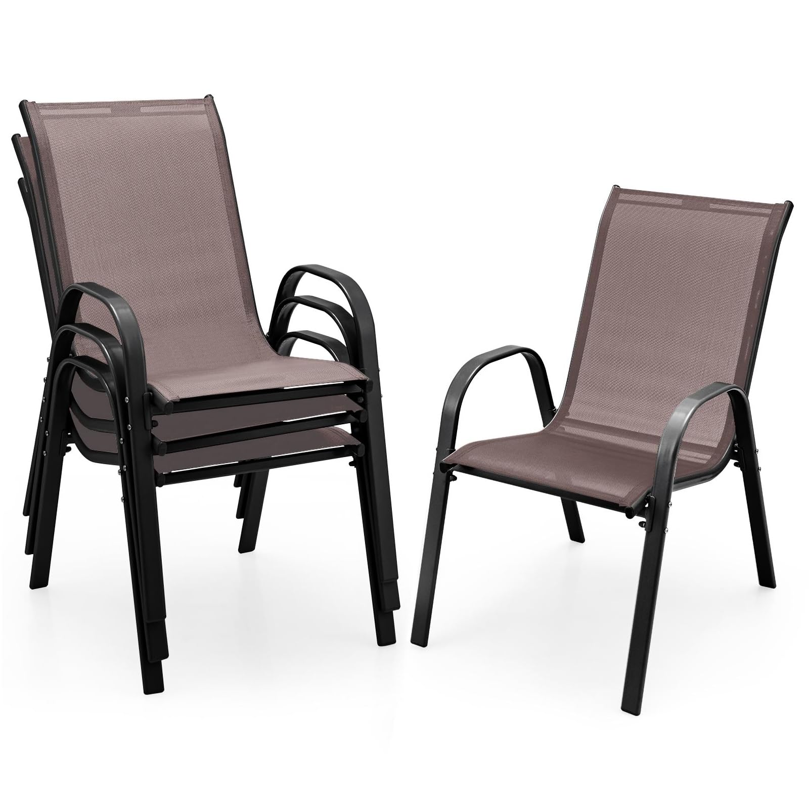 GIANTEX Patio Chairs Set of 4, Stackable Outdoor Dining Chairs with Breathable &amp; Quick-Dry Fabric &amp; Armrests for All Weather, Lawn, Backyard, Poolside,Porch, Deck, 330 LBS Capacity (Brown)