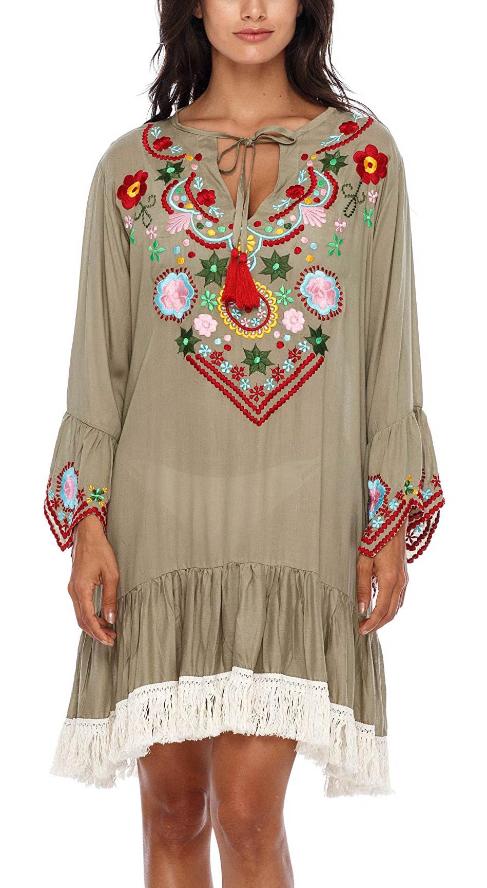 SHU-SHI Abito corto da donna ricamato con maniche a campana, stile bohémien, stile casual