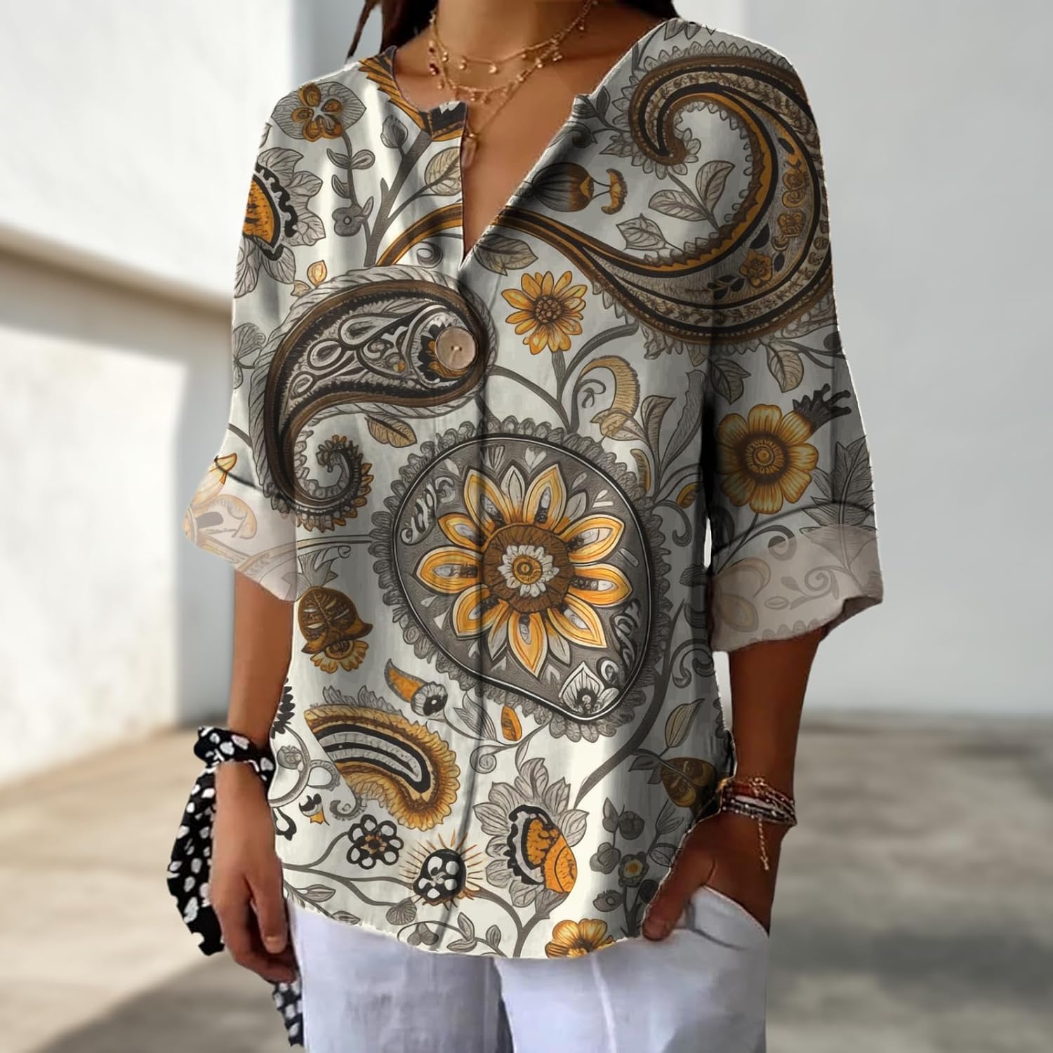 Teacher Tshirts Shirts for Women Vintage Floral Elegent Basic Tops Button Up Long Sleeve Flowing Blouse - Image 2