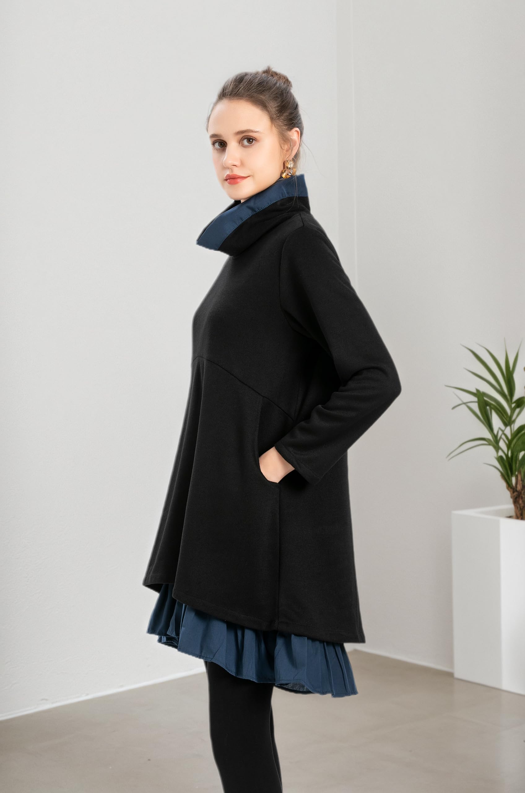 Minibee Damska bluza oversize, sukienka z golfem, z długim rękawem, tunika, topy, sukienki swingowe z kieszeniami