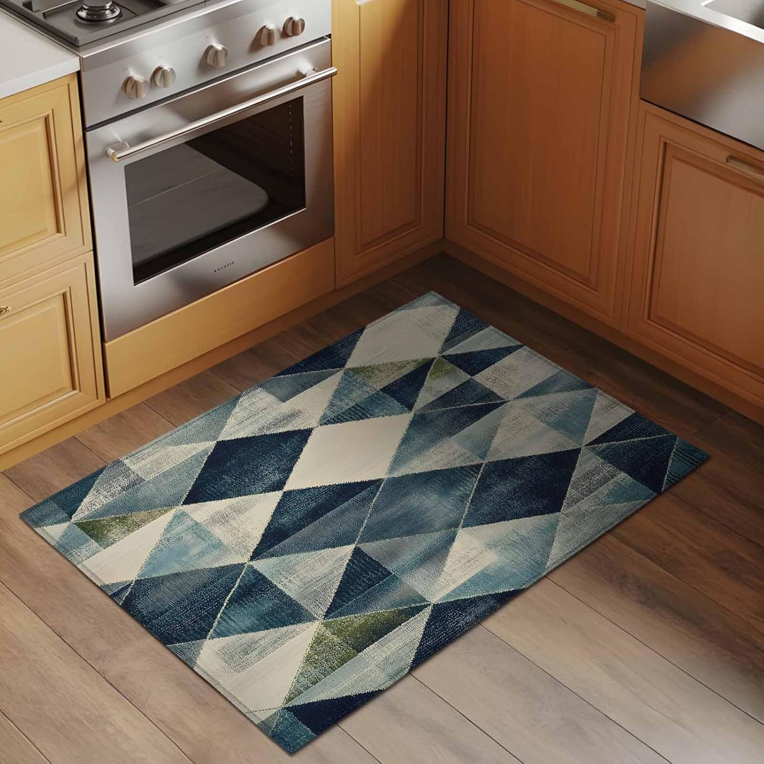 2x3 Area Rugs for Living Room, Navy Blue Geometric Washable Rug Rectangular Indoor Carpet Non-Slip, Abstract Modern Green Artwork Low Pile Bathroom Rug Kitchen Runner Rugs for Bedroom