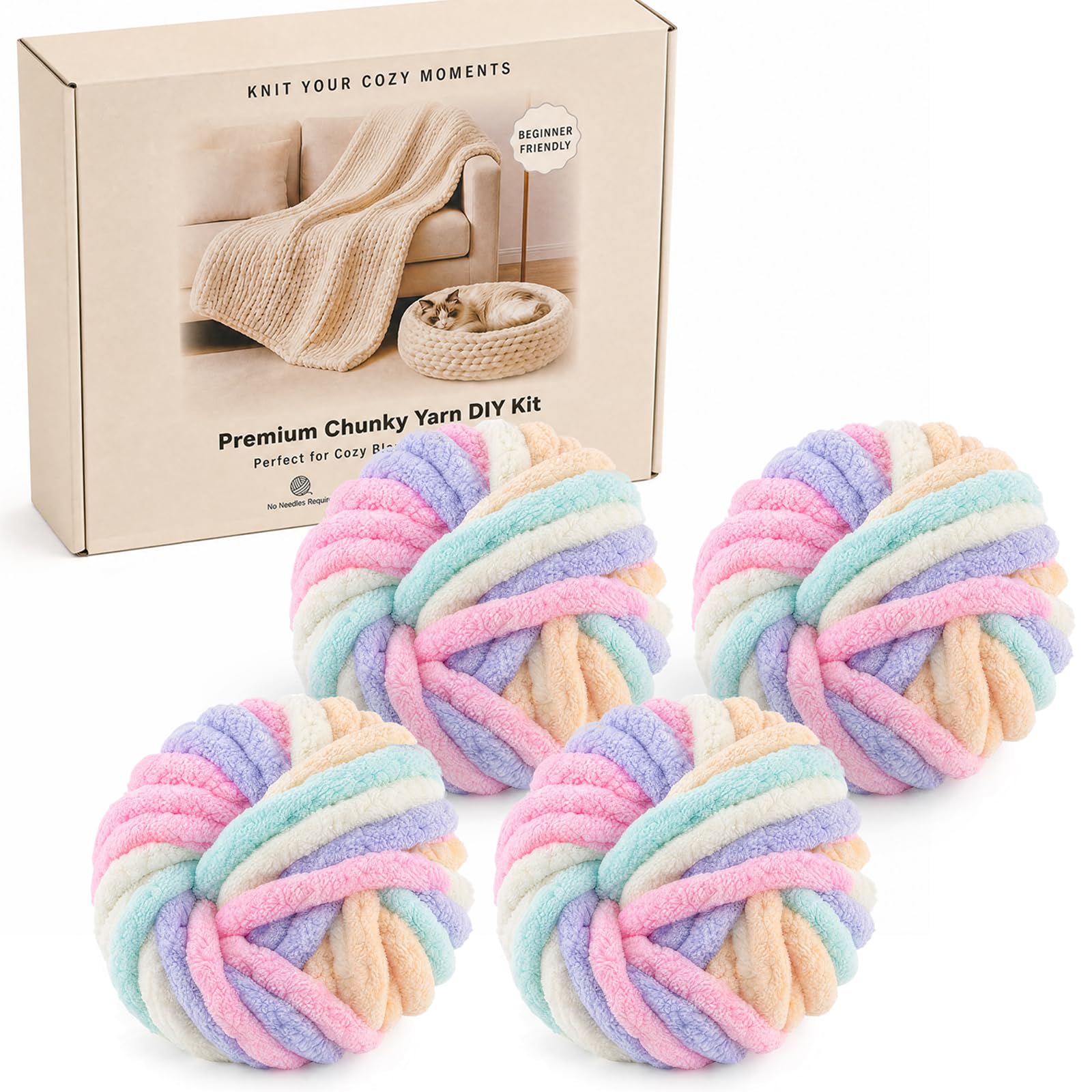 Chunky Chenille Yarn 4 Pack Gift Box, Approx 1kg/108m, Cotton Candy