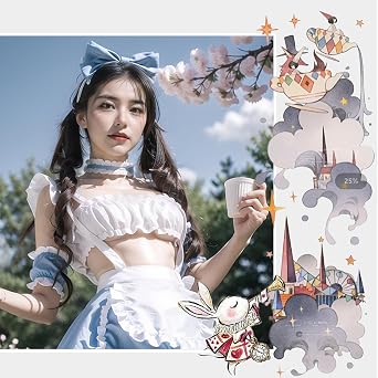 YOMORIO Anime Maid Uniform Cute Bule White Tartan Lingerie Sexy Cosplay Costume (Alice Blue)