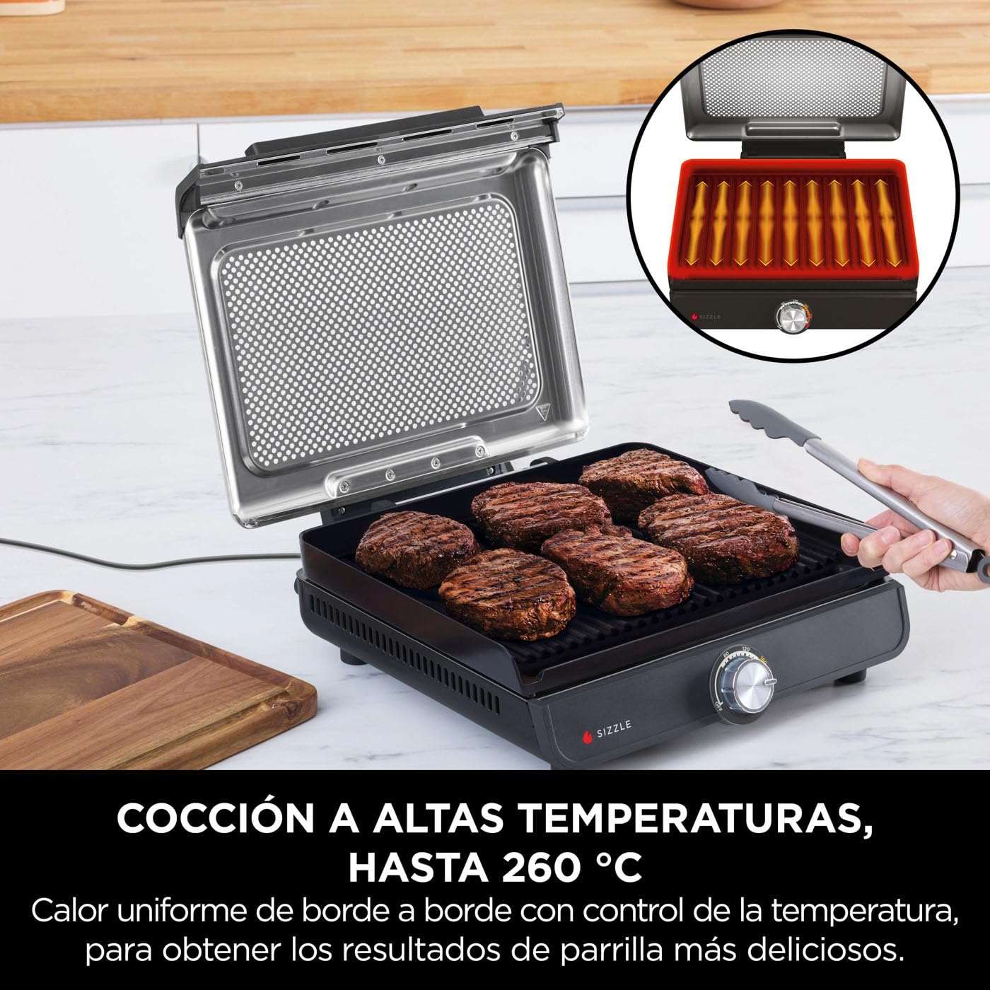 Ninja Sizzle Parrilla y Plancha de Interior Eléctrica, Gris, GR101EU | Dos Placas Intercambiables Antiadherentes, Aptas para Lavavajillas, Bandeja para Grasa, Control de Temperatura y Recetas