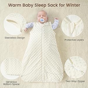 david's kids Fleece Baby Sleep Sack 6-12 Months, 2.5 Tog Minky Warm Winter Baby Wearable Blanket with Plush Dots and 2-Way Zipper, Cotton Inner Lining Sleeping Bags for Boys Girls, Medium Size, Cream