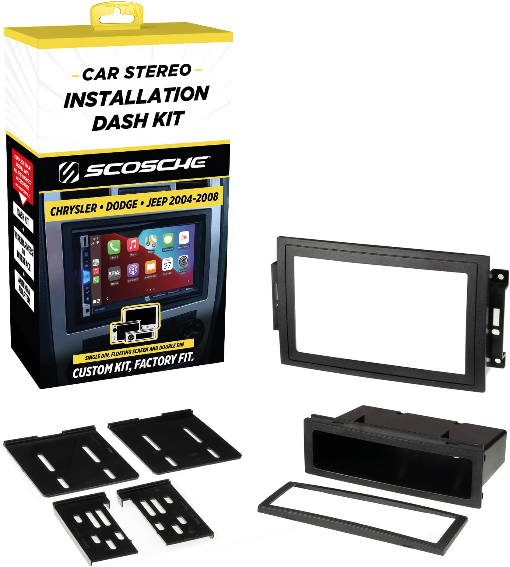 Scosche CR1289B Radio Install Dash Kit Compatible with Select 2005-08 Chrysler, Dodge & Jeep - Fits Double DIN or Single DIN with Storage Pocket - Car Stereo Installation Kit - See Fit Guide in Images