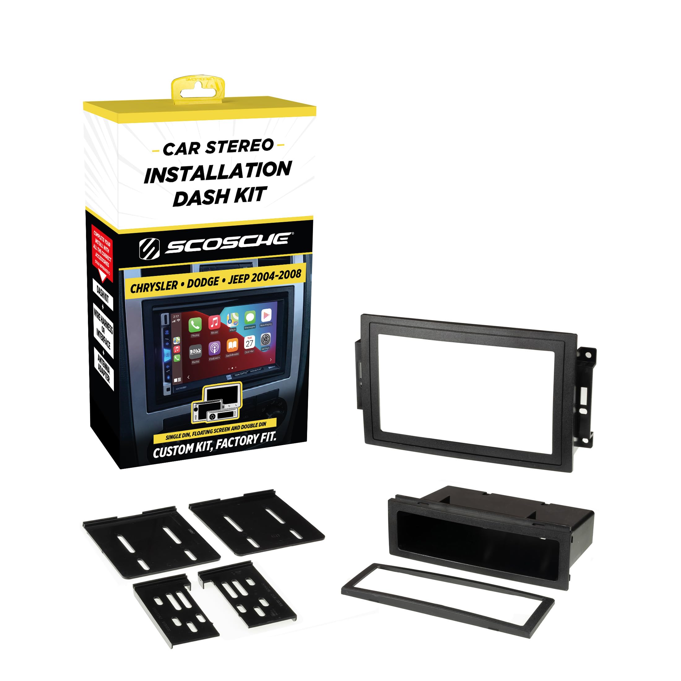 Scosche CR1289B Radio Install Dash Kit Compatible with Select 2005-08 Chrysler, Dodge & Jeep - Fits Double DIN or Single DIN with Storage Pocket - Car
