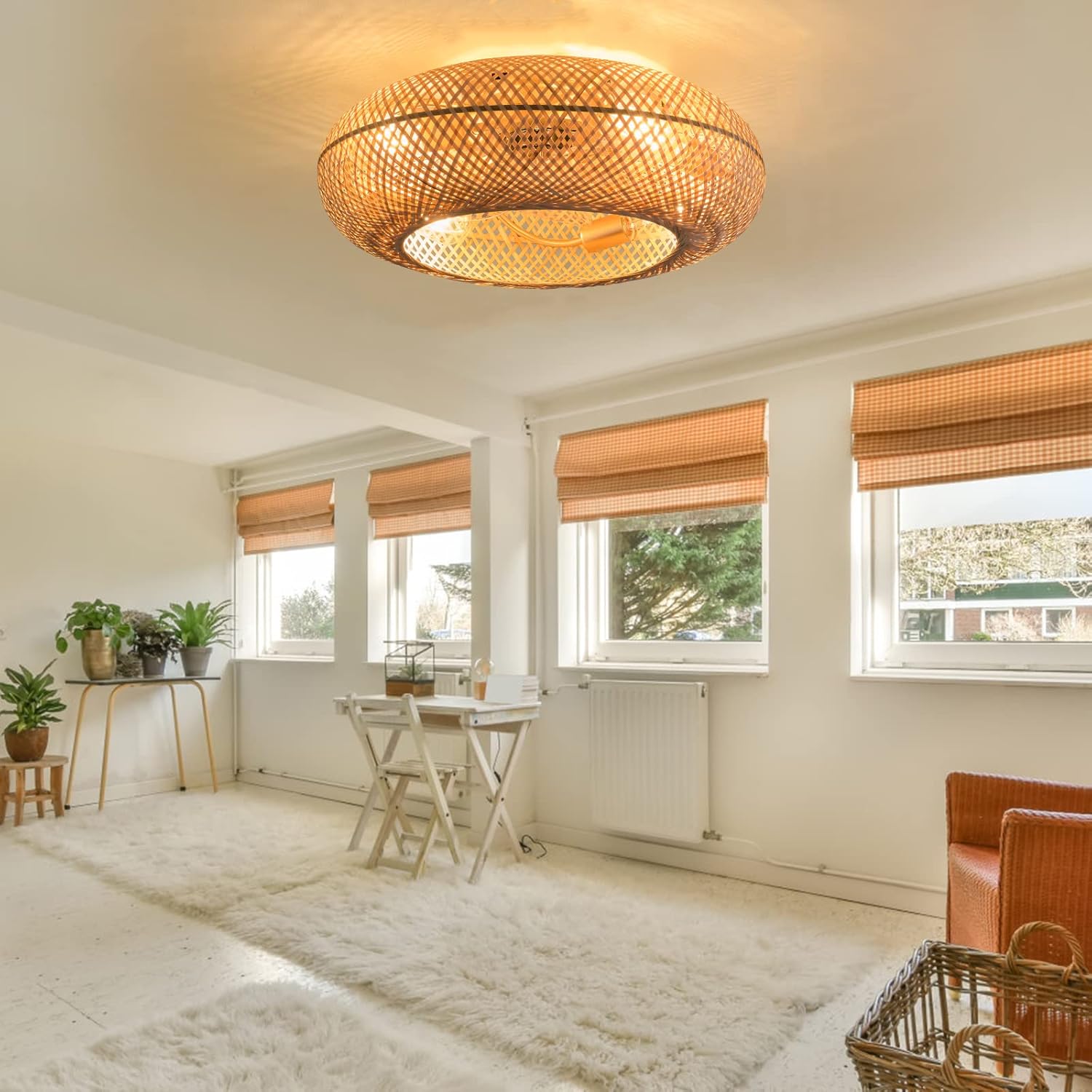 LOYALHEARTDY Boho Ceiling Fan 20" Caged Ceiling Fan with Light and Remote, Farmhouse Low Profile Flush Mount Art Rattan Woven Bamboo Boho Fan Decor, 6 Speed Reversible w/ 1/2/4h Timer