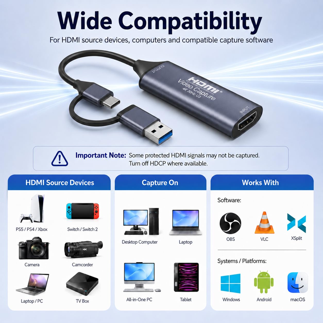 Tarjeta de captura de video HDMI, conectores duales USB-A y USB-C, entrada HDMI 4K a USB 3.0, captura de 1080P 60 FPS para grabación de transmisión de juegos, OBS/VLC, PS5 Switch Xbox Camera Windows