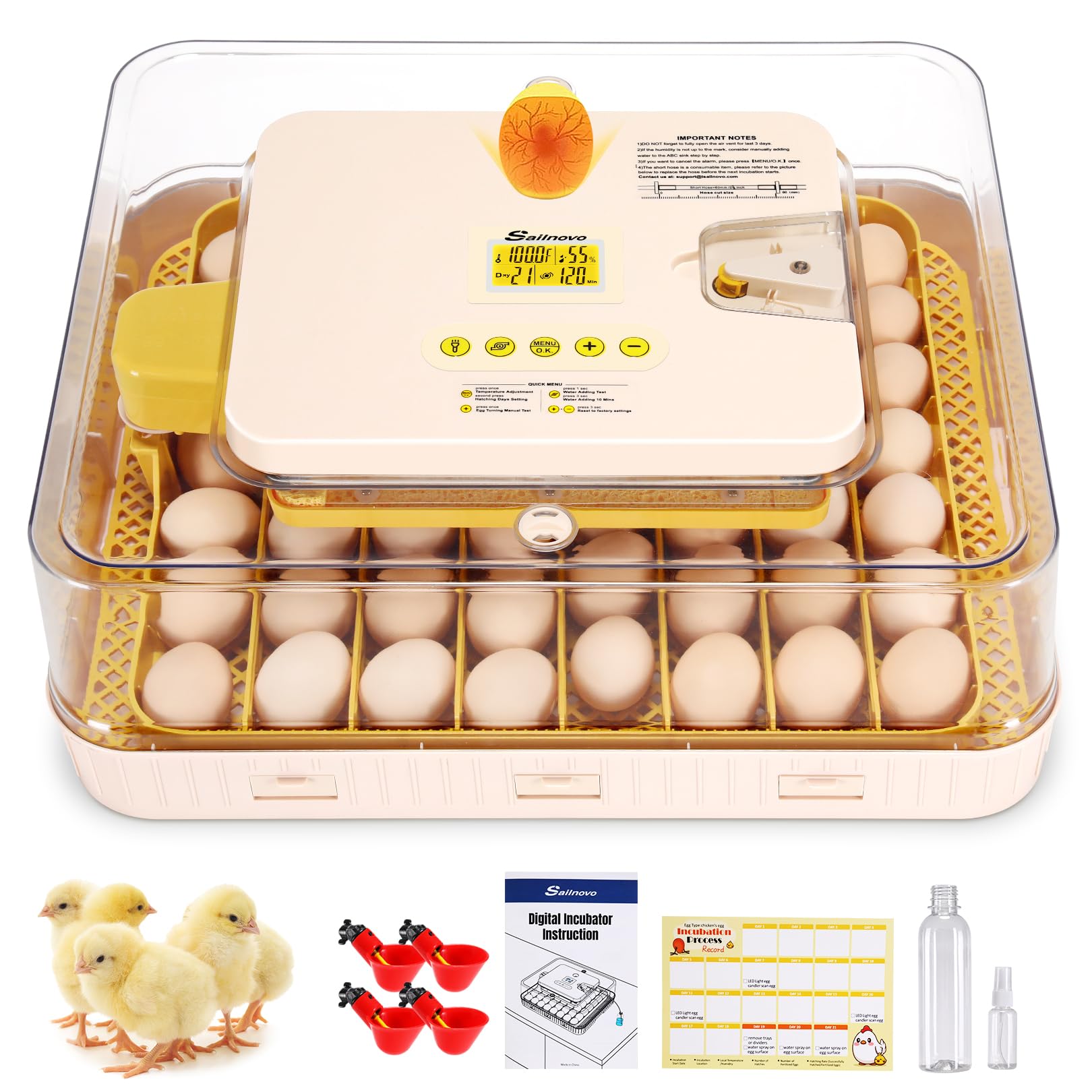 Sailnovo Incubadora de Huevos, Incubadora de 56 Huevos con Volteo Automático de Huevos, Control de Temperatura y Añadido Automático de Humedad, Incubadoras de Gallina, Codorniz, Pato, Amarillo