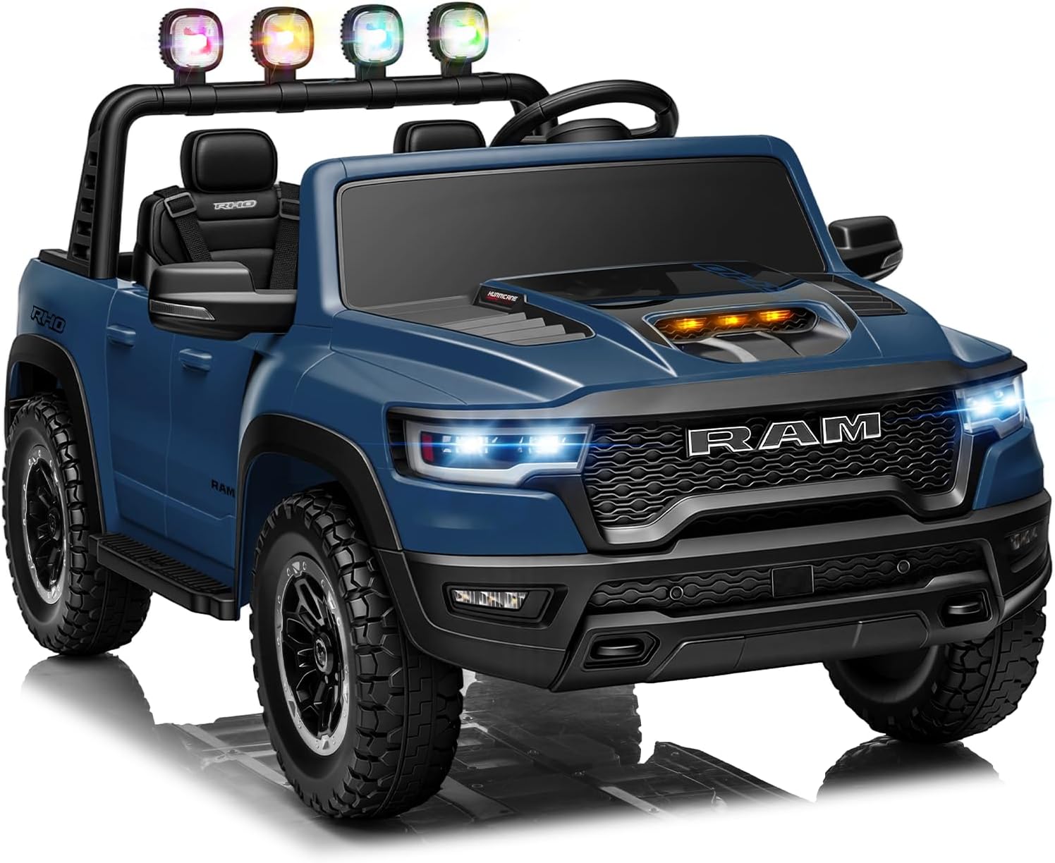 First Ride On 24V Ride On Toys for Big Kids, RAM 1500 2 Seater Ride on Car w/Remote, Battery Powered Truck w/ 4 Wheels Suspension, Toddler Car w/Bluetooth, LED Lights, Trunk (DarkBlue)