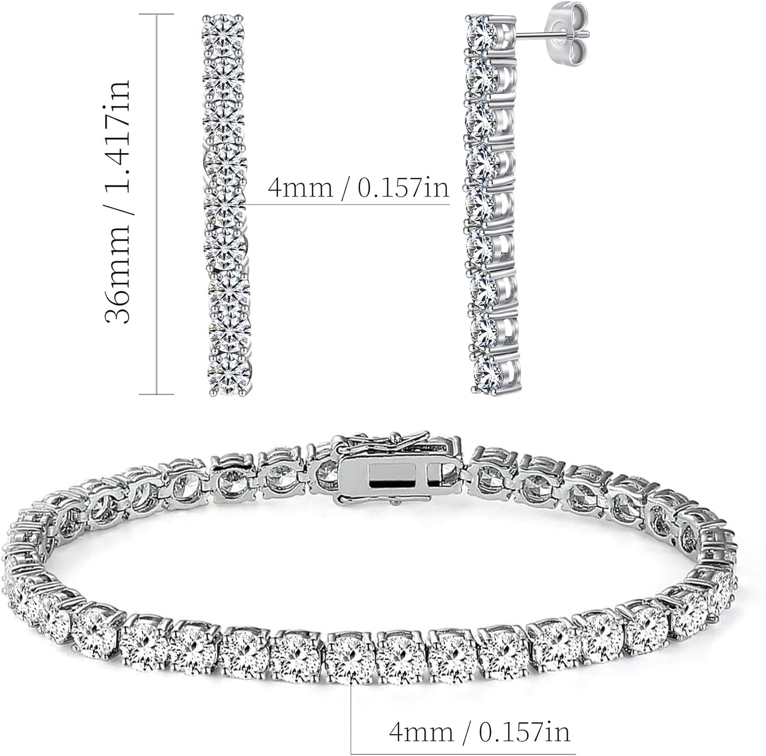 MDFUN Tennis Bracelet and Dangle Earrings Set 14K White Gold Plated, 3-5mm Round Cut Cubic Zirconias Jewelry Set for Women Men, 6.5-7.5 inches