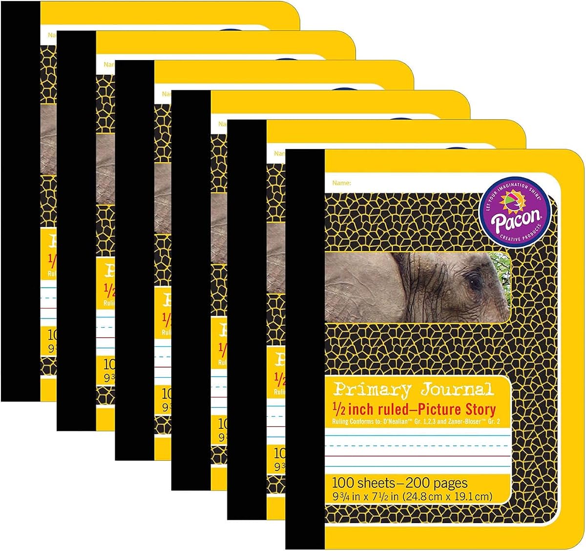 Libro de composición primaria Pacon®, encuadernado en libro, D'Nealian/Zaner-Bloser, 1/2" x 1/4" x 1/4" con rayas de cuentos ilustrados, 9-3/4" x 7-1/2", 100 hojas, paquete de 6