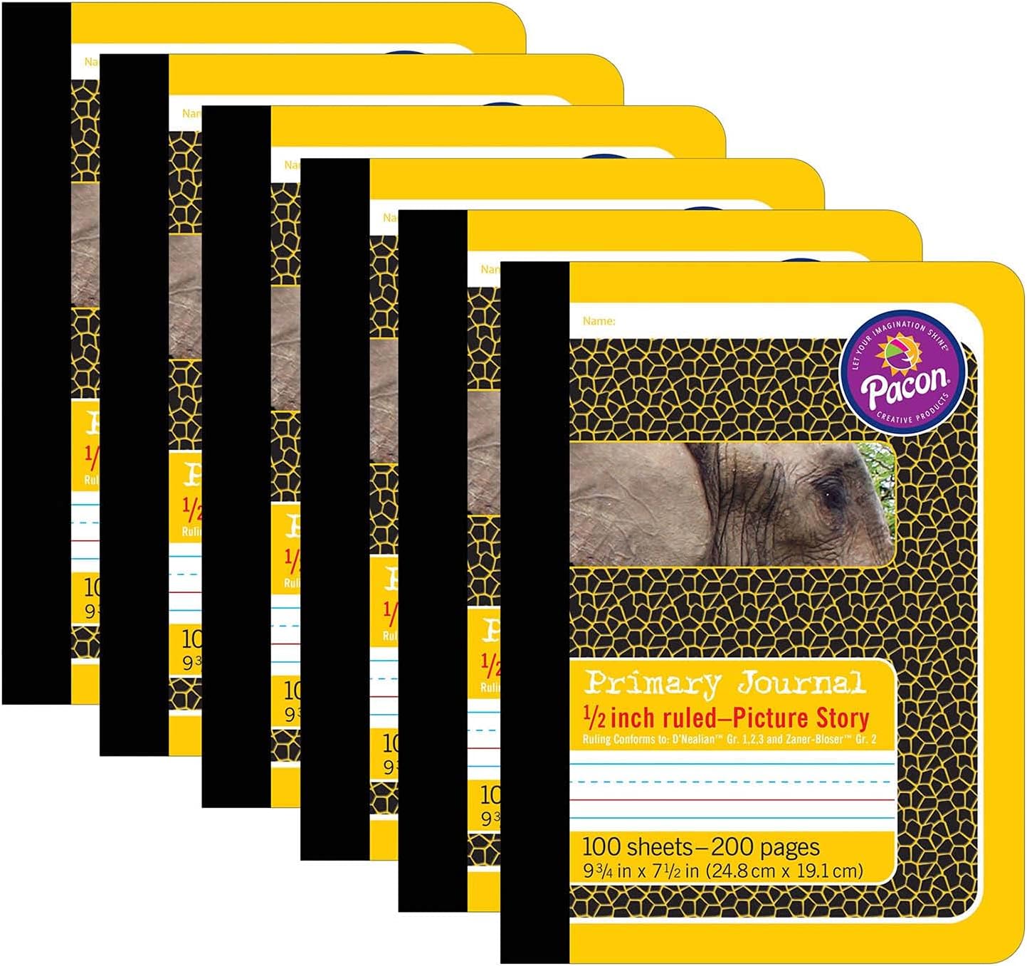 Pacon® Primary Composition Book, Book Bound, D'Nealian/Zaner-Bloser, 1/2" x 1/4" x 1/4" Picture Story Ruled, 9-3/4" x 7-1/2", 100 Sheets, Pack of 6