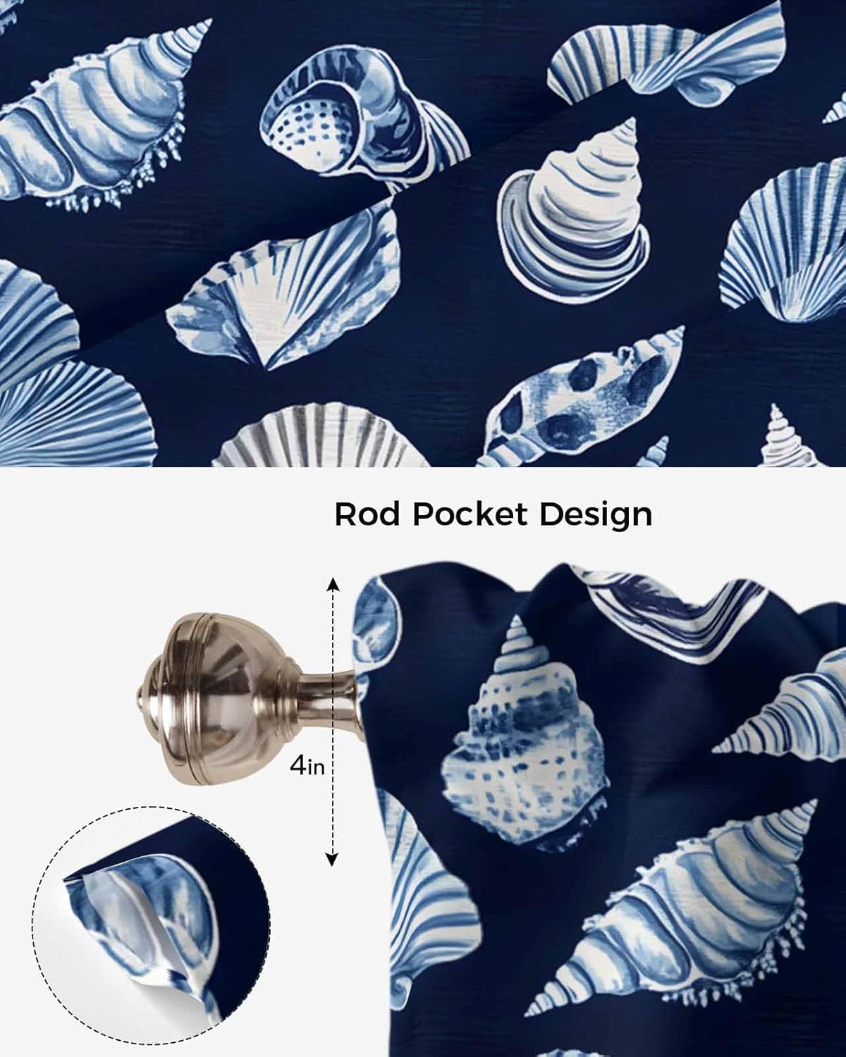 Tie Up Curtains for Windows Coastal Ocean Blue Conch Seashell on Black Rod Pocket Tie-Up Window Shade Adjustable Balloon Curtain Valance Sea Marine Life for Bedroom Kitchen Bathroom Blinds,52x63in