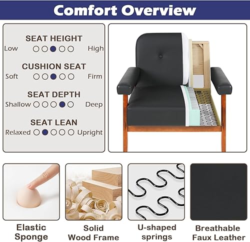 Miniatura 5 de STHOUYN Silla decorativa de piel sintética de mediados de siglo con brazos de madera, silla de lectura pequeña y cómoda para espacios pequeños,