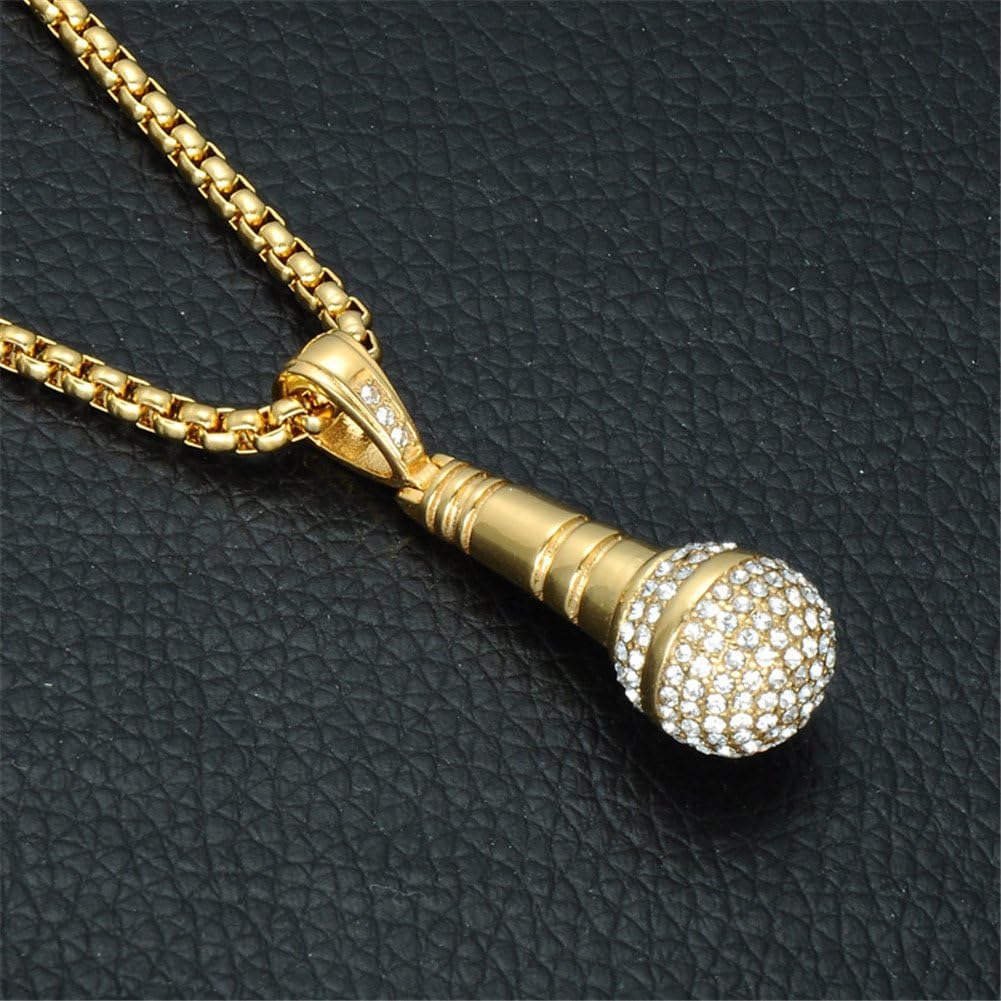 Hip Hop Stainless Steel Cubic Zirconia Microphone Pendant Necklace for Men Women 24inch Chain - Image 2