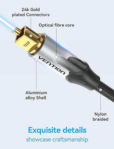 Miniatura 3 de VENTION Cable de audio óptico digital de fibra trenzada de nailon de 10 pies, carcasa de metal delgada, enchufe chapado en oro, cable de audio de
