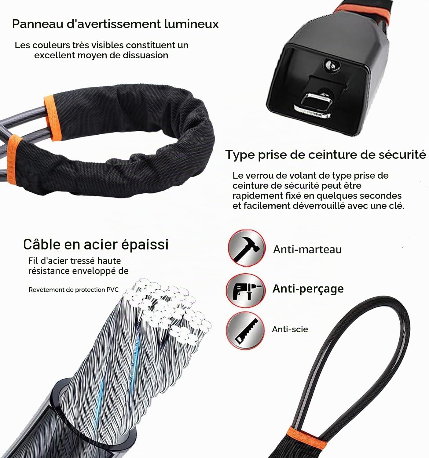 Verrou antivol universel pour volant de voiture avec 3 clés - Compatible avec la plupart des voitures, camions, SUV, camionnettes