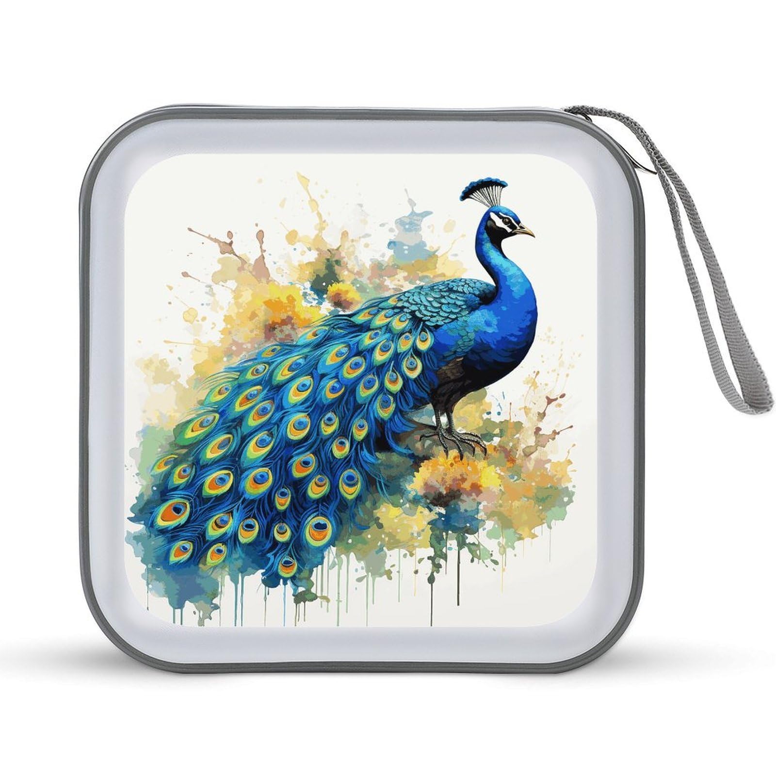 JTREHY Peacock Watercolor Painting CD Case 40 Capacity CD/DVD Case Holder Disc Storage Organizer Wallet Bag Portable Zipper CD Case Holder for Car Home Office Travel