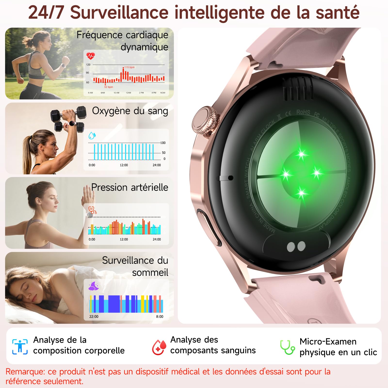 YUPENG Nouv’ Montre Connectée Femme avec ECG+HRV/Pressιon artérιelle/Acide Urique/IMC/Santé Féminine, 1,32" AMOLED Smartwatch avec 24H Fréquence Cardiaque/Sommeil/SOS/SpO2, Android iOS