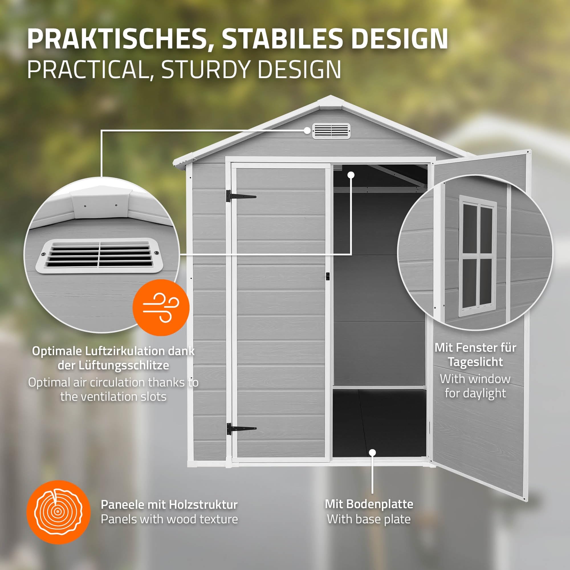 ECD Germany Caseta de Jardín con Suelo, 5m³ 151x182x220 cm Gris Claro, Cobertizo Exterior de Plástico para Almacenamiento de Herramientas, con Tejado en Dos Aguas, Puerta y Ventana de Ventilación - 3