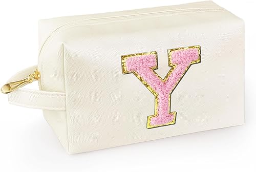 Vista 50 de Bolsa de maquillaje personalizada con inicial y asa, bolsa de cosméticos estilo preppy con bolsillo interior con cremallera, para niñas de 8 a 14