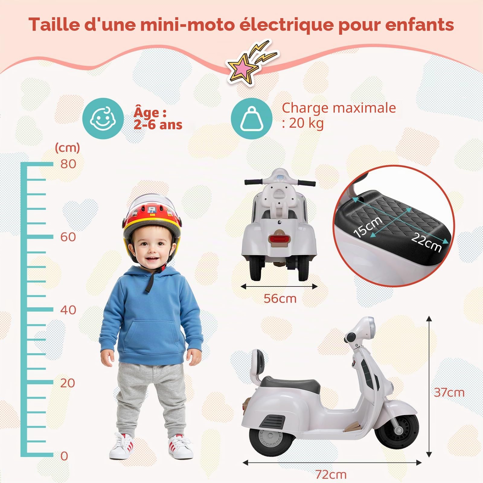 MAMIZO Moto Électrique pour Enfants 6V, Moto Électrique à 3 Roues, Marche Avant et arrière, avec Dossier, Phare, USB, pédale, Musique, 72 x 56 x 37 cm, 2km/h, Max 20kg, pour Enfants de 3-6 Ans, Blanc